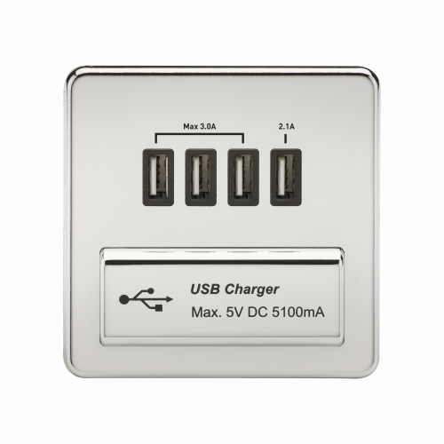 Knightsbridge Screwless Quad USB Charger Outlet (5.1A) - Polished Chrome with Black Insert - (SFQUADPC)