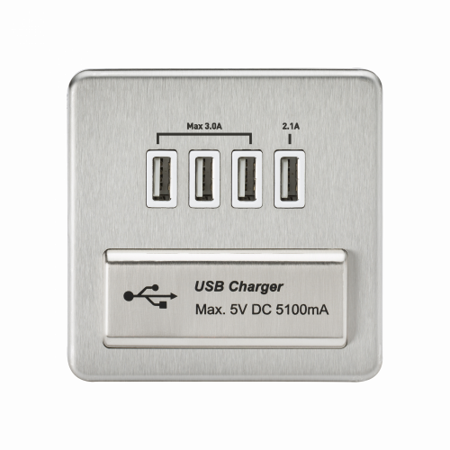 Knightsbridge Screwless Quad USB Charger Outlet (5.1A) - Brushed Chrome with White Insert - (SFQUADBCW)