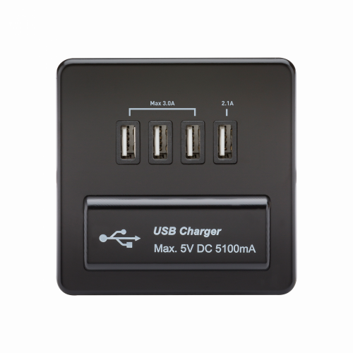 Knightsbridge Screwless Quad USB Charger Outlet (5.1A) - Matt Black with Black Insert - (SFQUADMB)