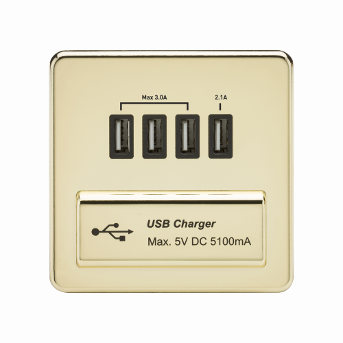 Knightsbridge Screwless Quad USB Charger Outlet (5.1A) - Polished Brass with Black Insert - (SFQUADPB)