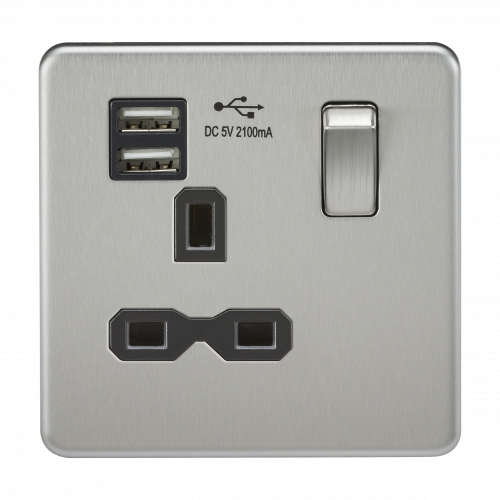 Knightsbridge Screwless 13A 1G switched socket with dual USB charger (2.1A) - brushed chrome with black insert - (SFR9901BC)