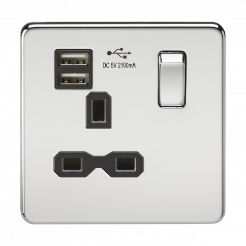 Knightsbridge Screwless 13A 1G switched socket with dual USB charger (2.1A) - polished chrome with black insert - (SFR9901PC)
