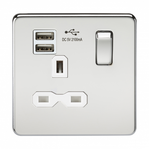 Knightsbridge Screwless 13A 1G switched socket with dual USB charger (2.1A) - polished chrome with white insert - (SFR9901PCW)