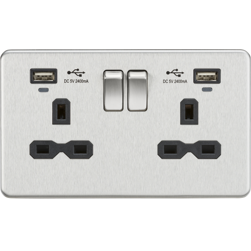 Knightsbridge 13A 2G Switched Socket, Dual USB (2.4A) with LED Charge Indicators - Brushed Chrome w/black insert (SFR9904NBC)