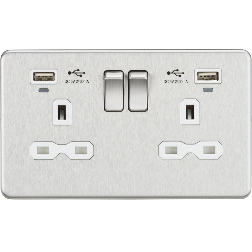 Knightsbridge 13A 2G Switched Socket, Dual USB (2.4A) with LED Charge Indicators - Brushed Chrome w/white insert (SFR9904NBCW)