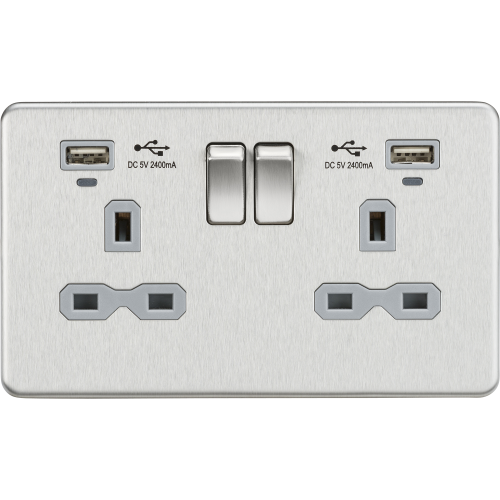 Knightsbridge 13A 2G Switched Socket, Dual USB (2.4A) with LED Charge Indicators - Brushed Chrome w/grey insert (SFR9904NBCG)