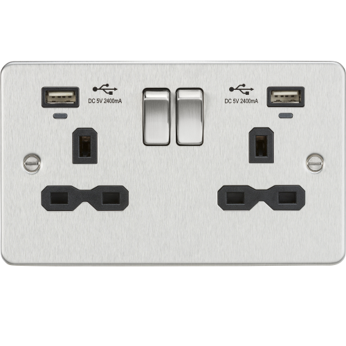 Knightsbridge 13A 2G Switched Socket, dual USB charger (2.4A) with Indicators - Brushed Chrome with black insert (FPR9904NBC)