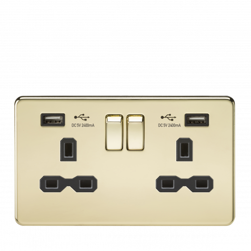 Knightsbridge 13A 2G Switched Socket with Dual USB Charger (2.4A) - Polished Brass with Black Insert (SFR9224PB)