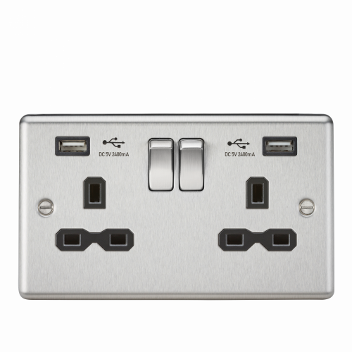 Knightsbridge 13A 2G Switched Socket Dual USB Charger (2.4A) with Black Insert - Rounded Edge Brushed Chrome - (CL9224BC)