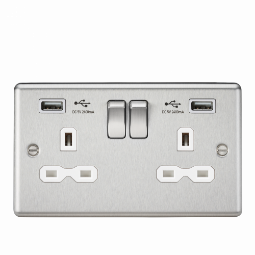 Knightsbridge 13A 2G Switched Socket Dual USB Charger (2.4A) with White Insert - Rounded Edge Brushed Chrome (CL9224BCW)