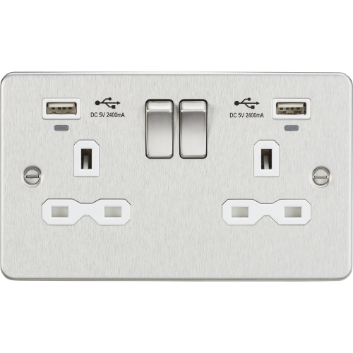 Knightsbridge Flat Plate 13A Smart 2G switched socket with USB chargers (2.4A) - Brushed Chrome with white insert (FPR9904NBCW