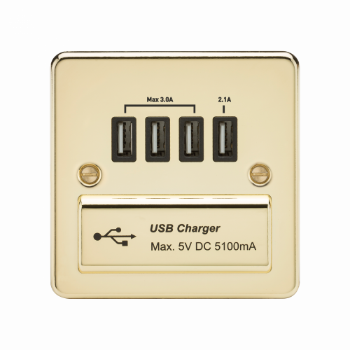 Knightsbridge Flat Plate Quad USB charger outlet - Polished brass with black insert - (FPQUADPB)