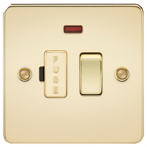 Knightsbridge Flat Plate 13A switched fused spur unit with neon - polished brass - (FP6300NPB)