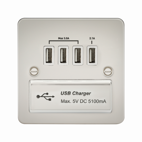 Knightsbridge Flat Plate Quad USB charger outlet - Pearl with white insert - (FPQUADPLW)