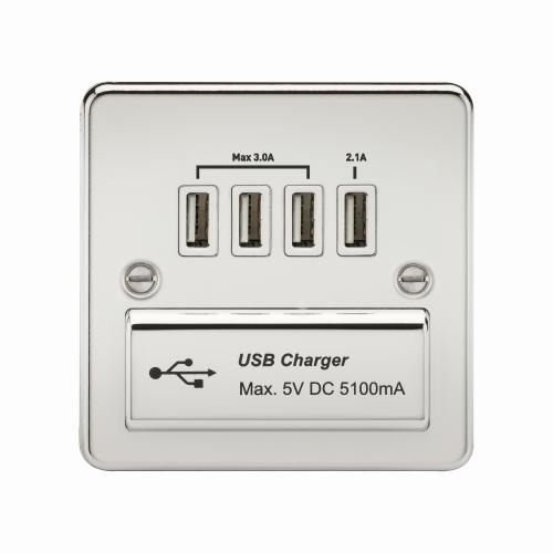 Knightsbridge Flat Plate Quad USB charger outlet - Polished chrome with white insert - (FPQUADPCW)