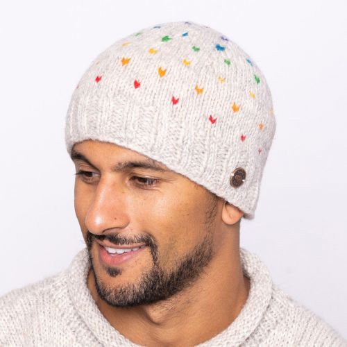 Pure Wool Rainbow tick beanie - Pale Grey