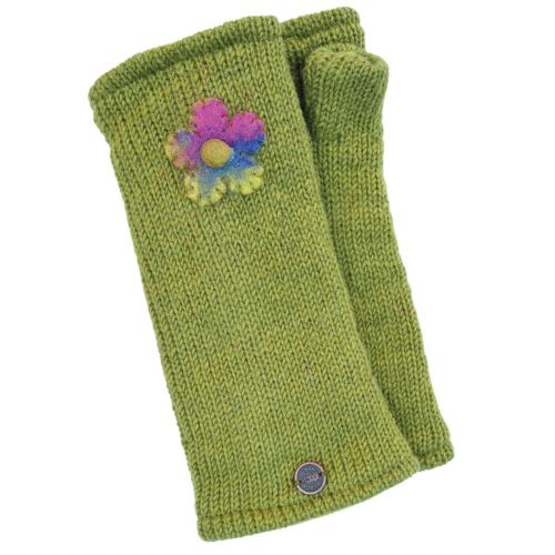 Fleece Lined - Wristwarmers - Felt Flower - Grass green