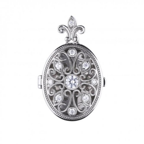 DiamonFire Sterling Silver Zirconia set Filigree Oval Locket Pendant