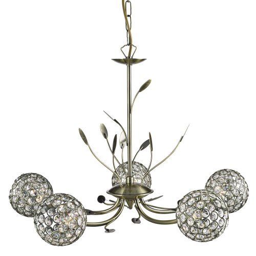 Searchlight Bellis Ii 5 Light Ceiling Antique Brass & Clear Glass Deco Shade