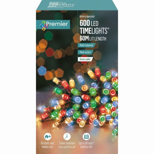 Premier Decorations Timelights Battery Operated Multi-Action 600 LED with Green Cable - Multicoloured