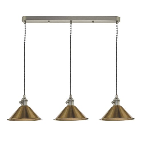 3 Light Antique Chrome Suspension With Aged Brass Shades