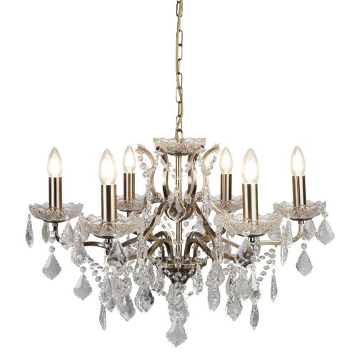 Searchlight Paris 6Lt Chandelier, Clear Crystal Drops & Trim, Antique Brass