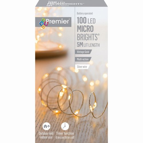 Premier Decorations MicroBrights B/O M/A w/Timer 100 LED -VtgGld