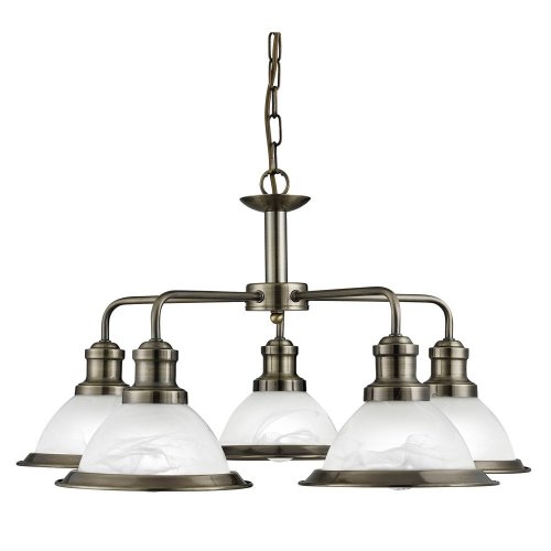 Searchlight Bistro 5 Light Ceiling Antique Brass Marble Glass