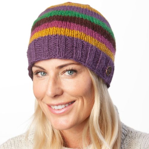 Pied Stripe Beanie - Pure Wool - Grape