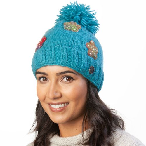 Pure wool - felt flower sparkle bobble - Mineral Blue