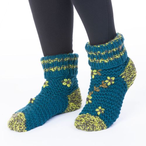 Handknit - Embroidered Lounge Socks - Deep Teal