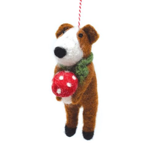 Handmade Christmas - Wool Felt Hanging Decoration - Dog with mushroom