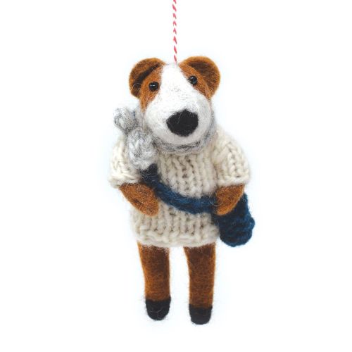 Handmade Christmas - Wool Felt Hanging Decoration - Dog with bag