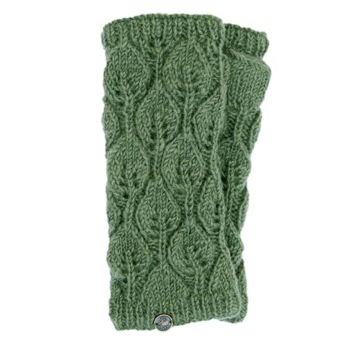 Fleece lined - leaf pattern -  wristwarmers - sage green