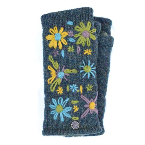 Hand embroidered flower - fleece lined wristwarmer - heather pine