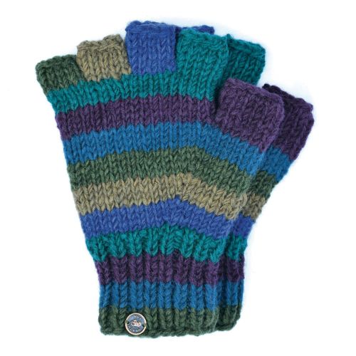 Pure wool - stripe - fingerless gloves - green blue