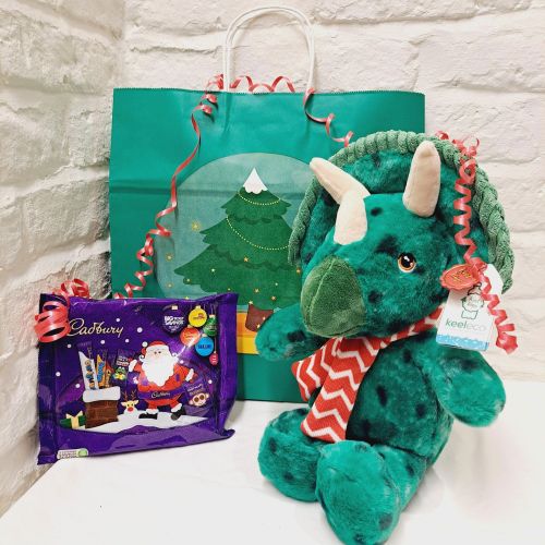 Christmas Green Dinosaur Plush Soft Toy Keel & Cadburys Selection Box Gift Set