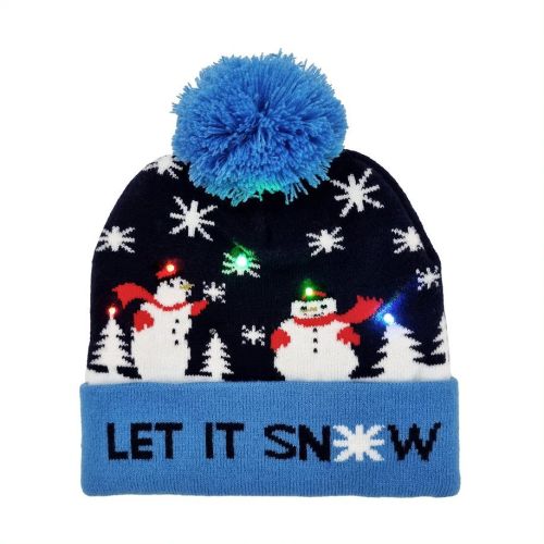 Let It Snow Blue Christmas Beanie Hat Light Up - Snazzy Santa