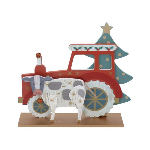 Tractor & Cow Christmas Wooden Standing Ornament Decoration - Gisela Graham