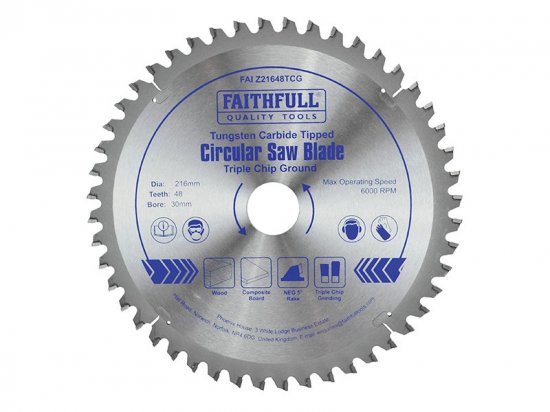 Faithfull TCT Circular Saw Blade Triple Chip Ground 216 x 30mm x 48T NEG
