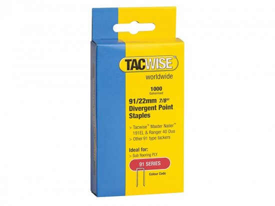 Tacwise 91 Narrow Crown Divergent Point Staples 22mm - Electric Tackers (Pack of 1000)