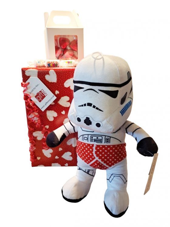 Valentine s Stormtrooper Red Underpants Soft Toy With Sweets Chocolate Gift Wrapped Sparkle